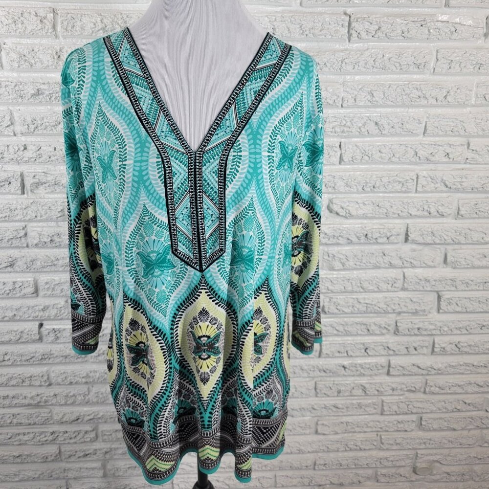 JM Collection Women's XL Blue Black Geometric Rhinestone Tunic GEO193E